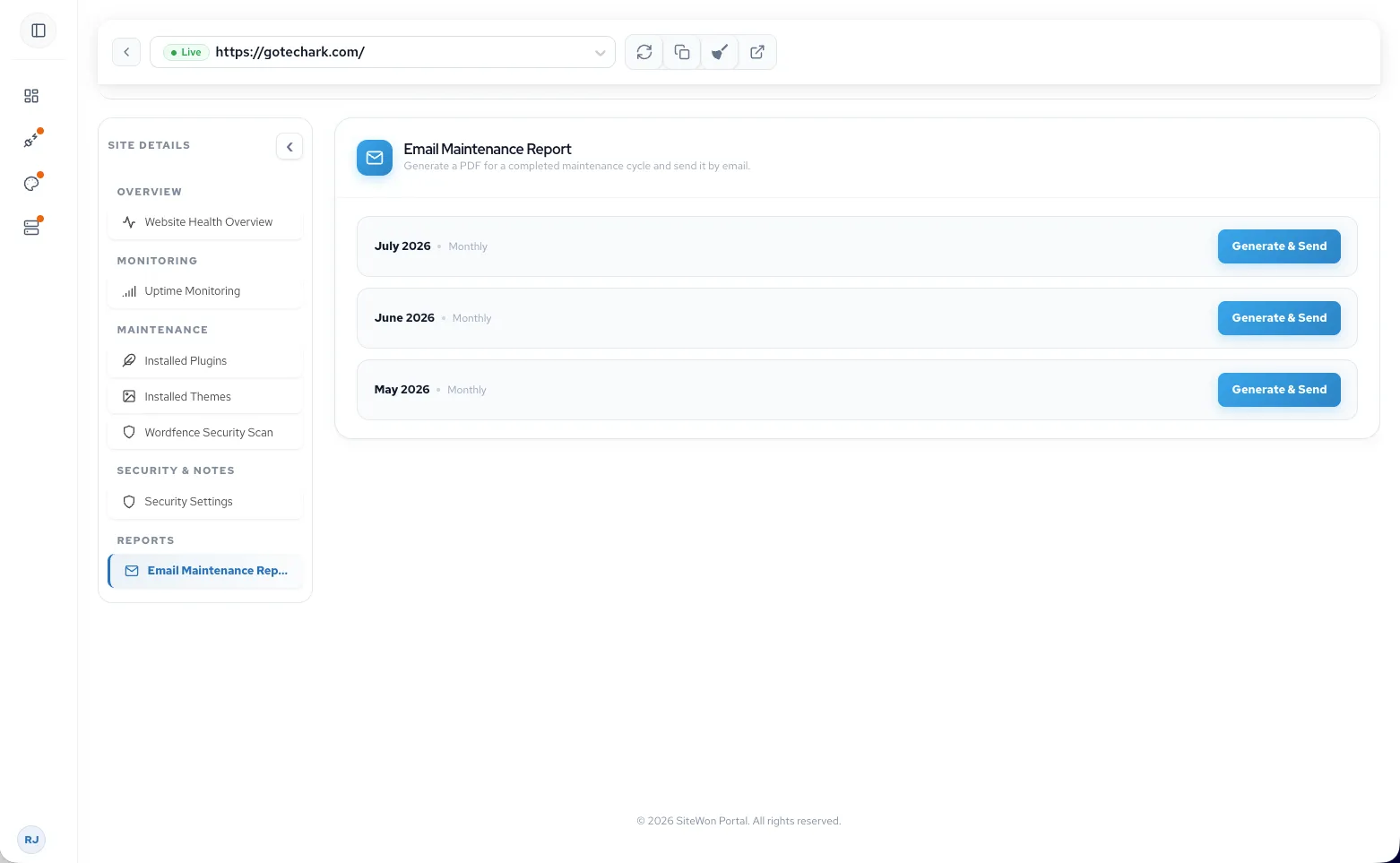 SiteWon domain and SSL tracking dashboard preview