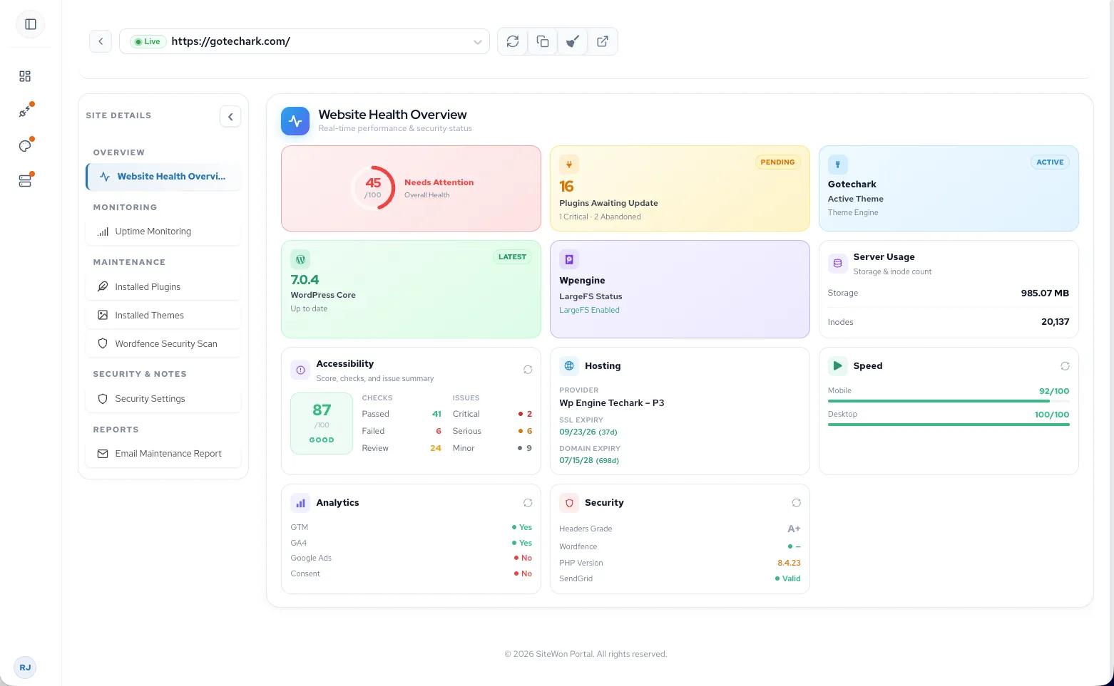 SiteWon monitoring dashboard in a browser window