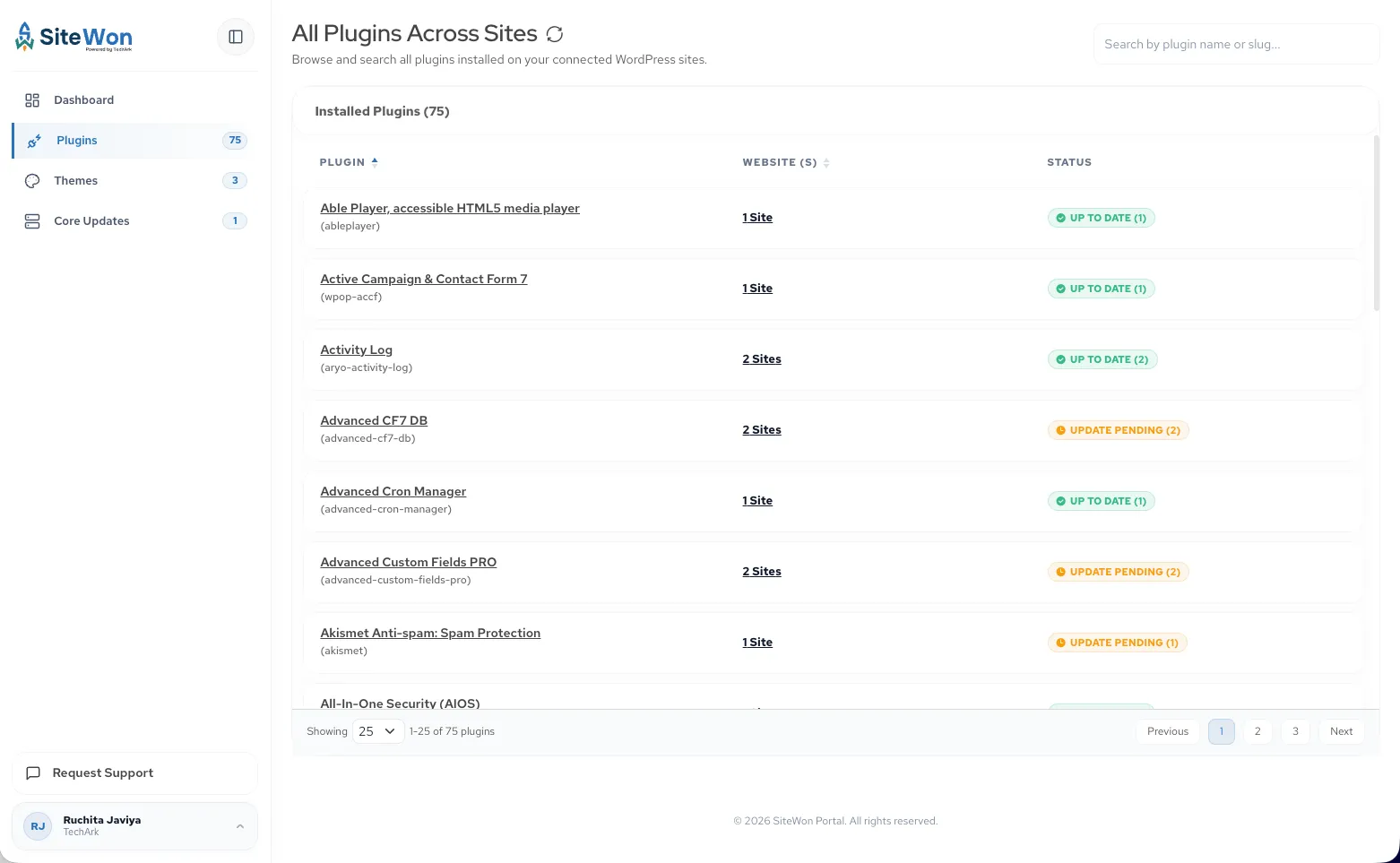 SiteWon monitoring dashboard connected to an existing WordPress website
