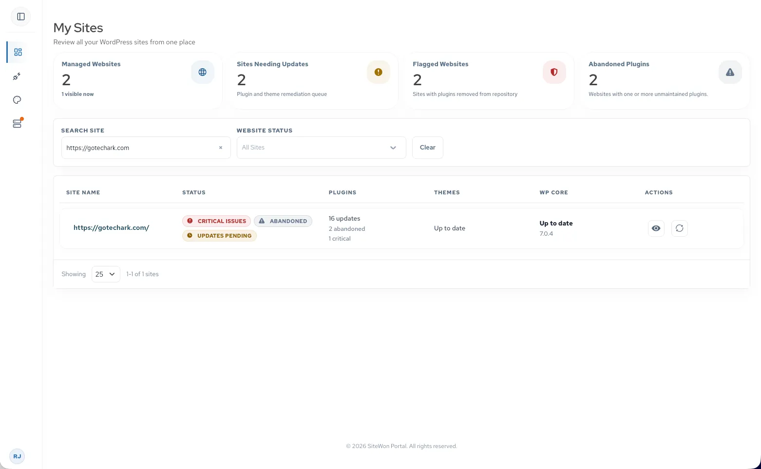 SiteWon agency dashboard with client website monitoring overview